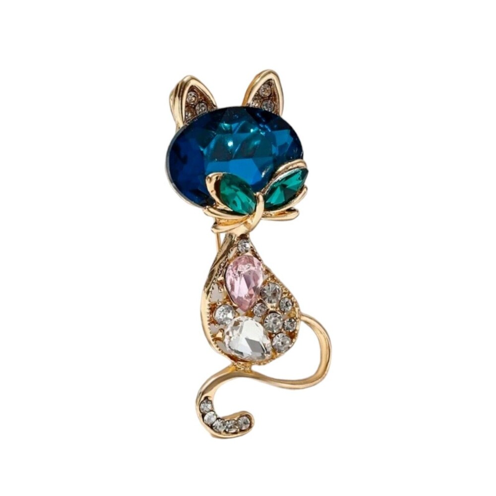 Cat Siluet pin Large Blue faceted Gemstone & Rhinestones 2.5 in Statement Brooch